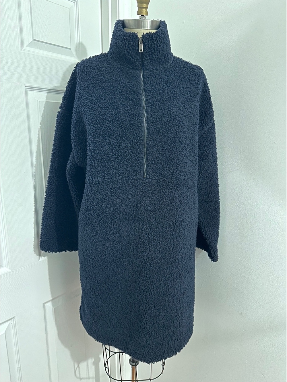 COS Navy Recycled Polyester-Wool Teddy Dress Half-Zip M/L
